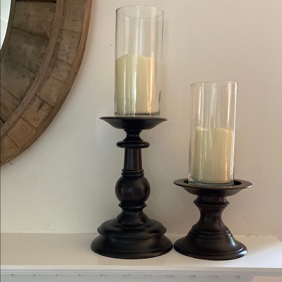 Pottery Barn Other - Pottery Barn Sphere Turned Wood Pillar Candle Holders Walnut